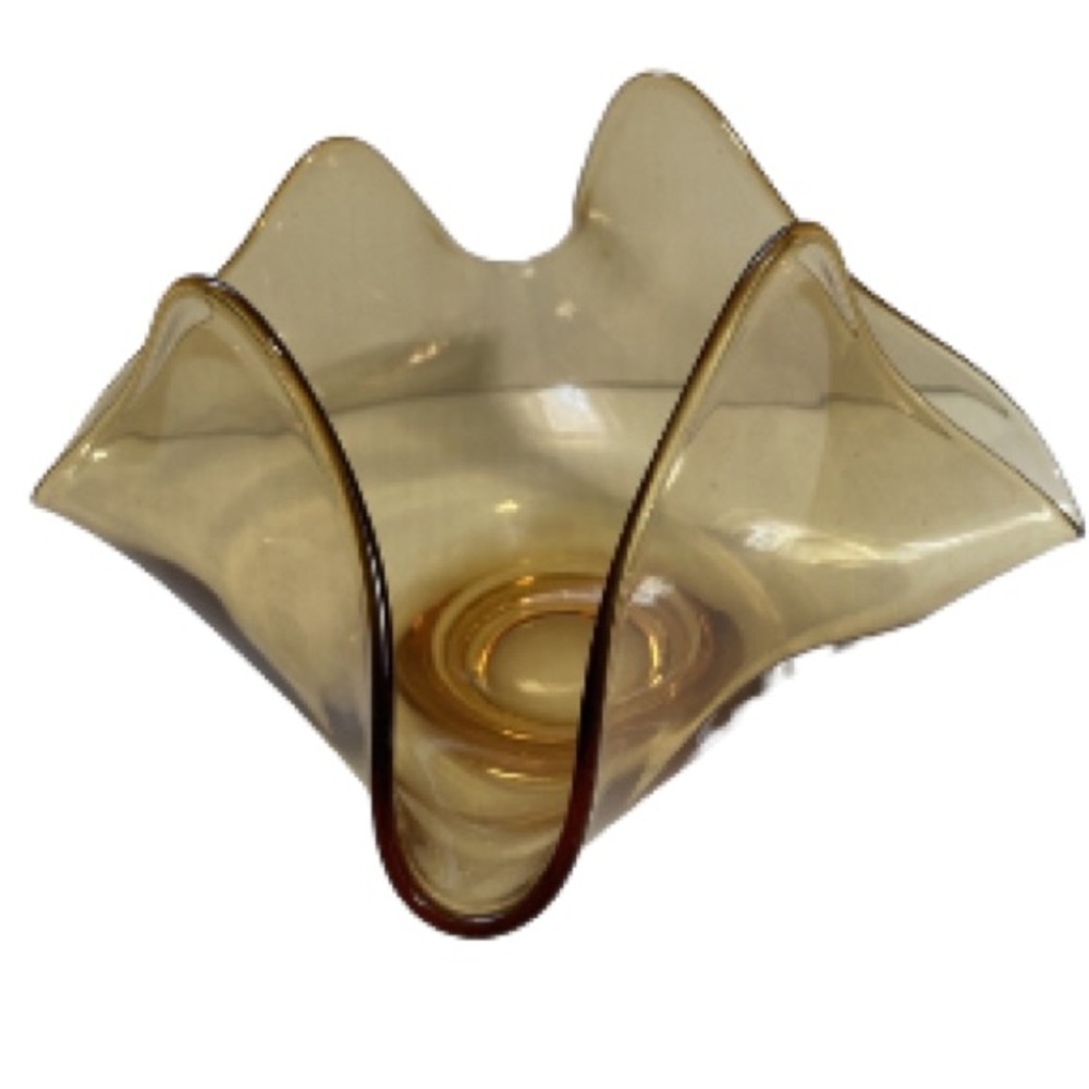 Vintage MCM Amber Handkerchief Ruffled Pinched Art Glass Bowl, Mid Century